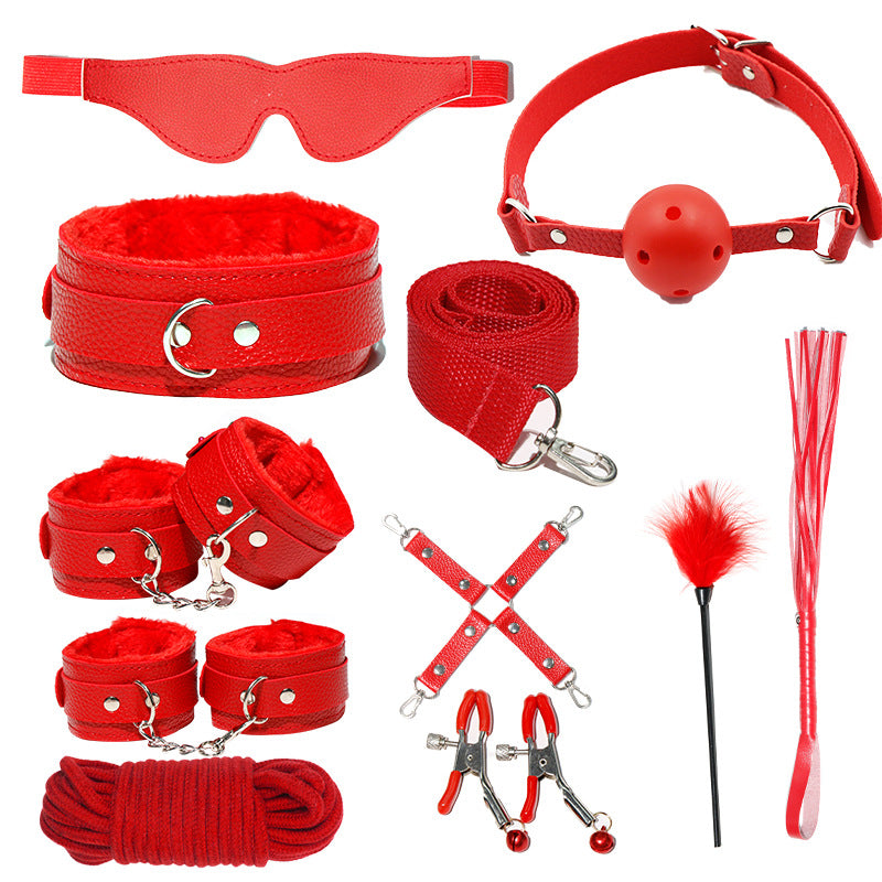 Image of SM 10-piece sex prop co-in-sex bundled plush leather 7-piece handcuff 6-piece bondage set